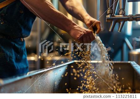 Brewer Pouring Malted Grains for Brewing Brewer Pouring Malted Grains for Brewing 113225811