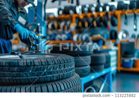 Mechanic Expertly Changing a Car Tire Mechanic Expertly Changing a Car Tire 113225882