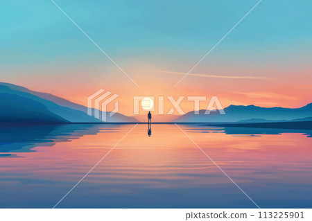 Solitary Figure at Lakeside Sunset 113225901