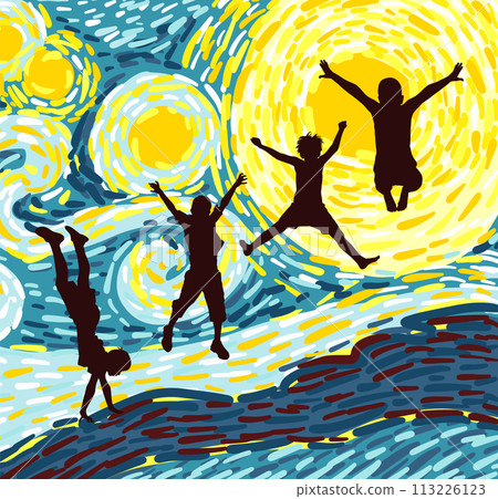 jumping happy children. Abstract beautiful blue and yellow background. hand drawing. Not AI, vector illustration 113226123