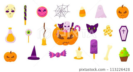 halloween pumpkin sweets skull bones set elements 113226428