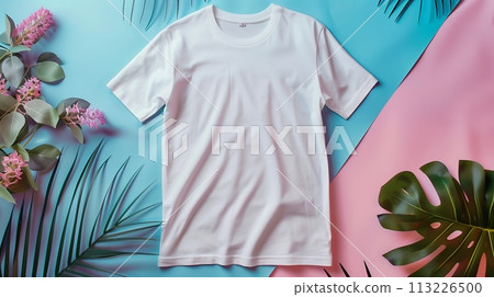 Mockup of white cotton t-shirt on blue background. Layout mock up ready for your design preview. 113226500