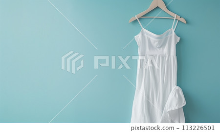 Mockup of white women cotton dress on blue background. Layout mock up ready for your design preview. 113226501