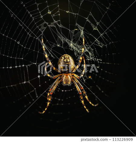 Large golden spider is perched atop a web, its legs extended outward as it patiently waits for prey to become ensnared. Intricate design of web glistens in the sunlight, showcasing arachnids skill and 113226909
