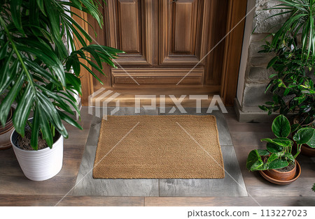 Blank Welcome Mat At Custom Front Door of House. Generative AI. 113227023