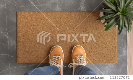 Blank Welcome Mat and Pair of Feet At Front Door of House. Generative AI. 113227071