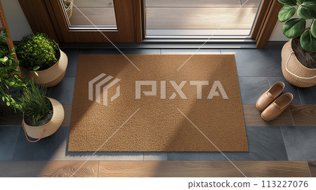 Blank Welcome Mat and Pair of Shoes At Front Door of House. Generative AI. 113227076