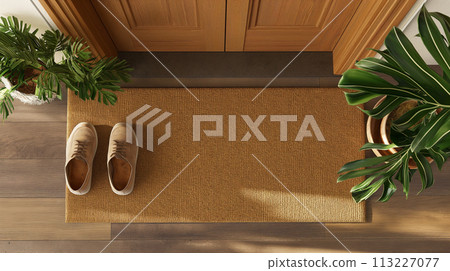 Blank Welcome Mat and Pair of Shoes At Front Door of House. Generative AI. Blank Welcome Mat and Pair of Shoes At Front Door of House. Generative AI. 113227077
