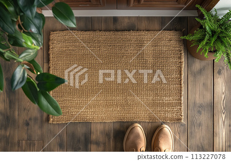 Blank Welcome Mat and Pair of Shoes At Front Door of House. Generative AI. 113227078