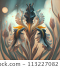 beautiful art pale pink iris flower against soft pale background. Digital artwork. close up. paint style. Ai genarated 113227082