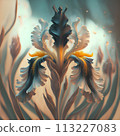 beautiful art pale pink iris flower against soft pale background. Digital artwork. close up. paint style. Ai genarated 113227083