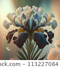beautiful art  iris flower against soft pale background. Digital artwork. close up. paint style. Ai genarated 113227084