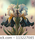 beautiful art pale green iris flower against soft pale background. Digital artwork. close up. paint style. Ai genarated 113227085