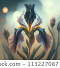 beautiful art pale blue iris flower against soft pale background. Digital artwork. close up. paint style. Ai genarated 113227087