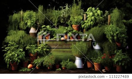 Terracotta Pots with Herbs on Wooden Garden Shelf Ai generated 113227489