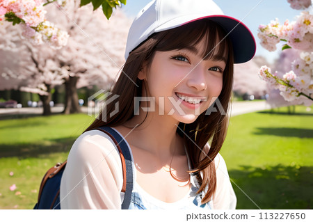 一位微笑的可愛女人正在欣賞櫻花,背景是一棵櫻桃樹 一位微笑的可愛女人正在欣賞櫻花,背景是一棵櫻桃樹 113227650