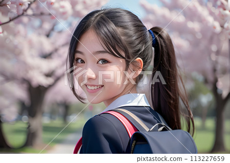 春天櫻花盛開的美麗景色中,微笑著的女高中生轉身。 春天櫻花盛開的美麗景色中,微笑著的女高中生轉身。 113227659