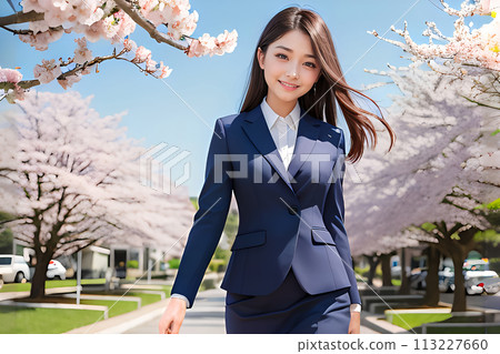 Smiling business woman walking cheerfully along the cherry blossom trees Smiling business woman walking cheerfully along the cherry blossom trees 113227660