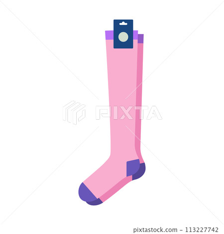 Pink socks with logo tag hosiery mid calf length. Fashion accessory clothing technical illustration stocking. Vector 113227742