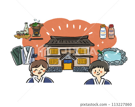Hand-drawn style illustration of a man and a woman enjoying the image of a hot spring trip 113227860