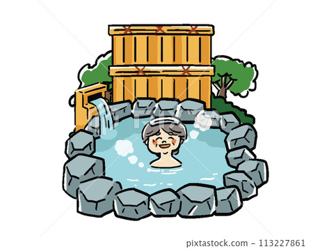 Hand-drawn style illustration of a man taking an open-air bath and an old woman 113227861