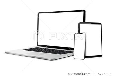 Set of modern digital devices template for responsive design presentation. Mockup of laptop, smartphone and tablet pc. Set of modern digital devices template for responsive design presentation. Mockup of laptop, smartphone and tablet pc. 113228022