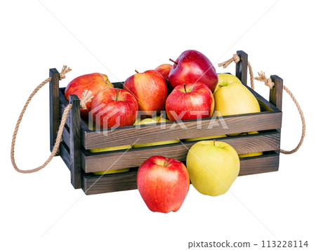 Red and yellow apples in a wooden box. Red and yellow apples in a wooden box. 113228114