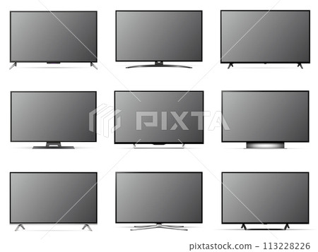 Realistic modern tv and computer monitors mockup. Televisions with blank screen set 113228226
