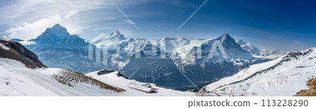 Aerial view of mountain peaks Mittelhorn and Schreckhorn Aerial view of mountain peaks Mittelhorn and Schreckhorn 113228290