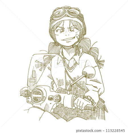 一個女孩騎摩托車的線條畫插圖 113228545