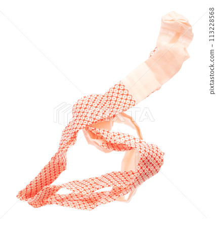 String rope obi Japanese Traditional Komono equipment fly in air with curve. String rope obi Japanese Traditional Komono fabric is beautiful clothes for ceremony event. White background isolated 113228568