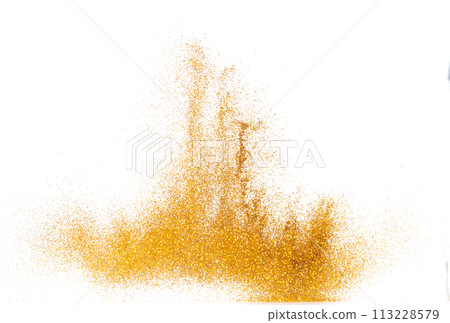 Explosion metallic gold glitter sparkle bokeh isolated white background decoration. Golden Glitter powder spark blink celebrate, blur foil part explode in air, fly throw gold glitters particle shape Explosion metallic gold glitter sparkle bokeh isolated white background decoration. Golden Glitter powder spark blink celebrate, blur foil part explode in air, fly throw gold glitters particle shape 113228579