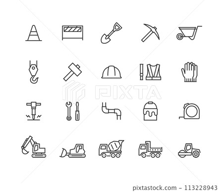Construction related line drawing icon set 113228943