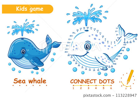 Cute sea whale, connect dots numbers children education puzzle game. Blue swim fish. Ocean water animal character. Draw picture join dotted line. Coloring page. Kid learning activity worksheet vector 113228947