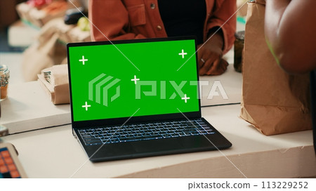 Greenscreen isolated display on laptop at farmers market, local vendor selling homegrown organic products at checkout. Woman buying fresh produce, blank chromakey copyspace template. 113229252