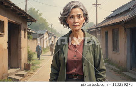 Beautiful grey-haired woman walking down an old suburban street 113229273