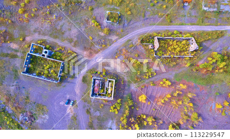 Aerial Autumn Decay at Abandoned Quincy Mines, Michigan Top Down View 113229547