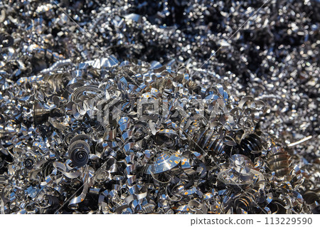 Industrial Metal Shavings Texture from Machining Process Close-Up 113229590