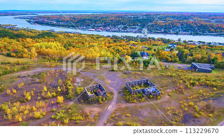 Aerial Autumn Splendor over Quincy Mine Ruins and Houghton Waterfront 113229670