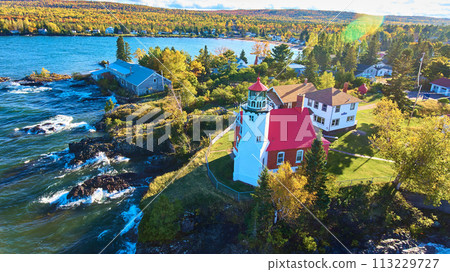 Aerial View of Eagle Harbor Lighthouse in Autumn, Lake Superior 113229727