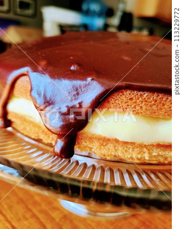 Gourmet Chocolate Glazed Bosten Cream Layer Cake on Glass Stand, Low Angle View 113229772