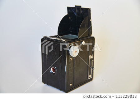 Vintage Box Camera on White Background, Eye-Level View Vintage Box Camera on White Background, Eye-Level View 113229818
