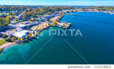Aerial View of Autumnal Coastal Town with Marina in Mackinac, Michigan Aerial View of Autumnal Coastal Town with Marina in Mackinac, Michigan 113229822