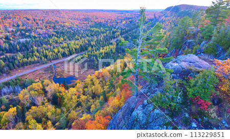 Aerial Autumn Forest with Scenic Road and Reflective Lake, Michigan 113229851