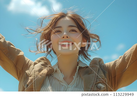 Woman with her arms outstretched under the blue sky 9 AI-generated image Woman with her arms outstretched under the blue sky 9 AI-generated image 113229949