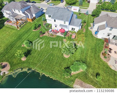Aerial Suburban Bliss by Waterfront with Lush Gardens and Patios 113230086