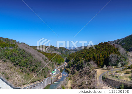 Nunome River flowing down Nunome dam north side view wide 113230108