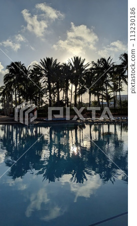 Tranquil Resort Pool with Palm Tree Reflections at Sunset 113230186