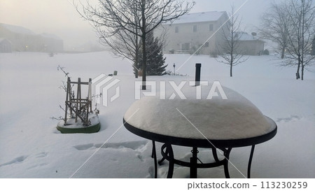 Snow-Covered Patio Table and Garden in Winter Suburbia Snow-Covered Patio Table and Garden in Winter Suburbia 113230259