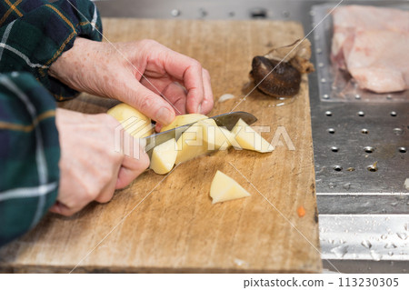 Senior woman cutting onions in the kitchen Senior woman cutting onions in the kitchen 113230305